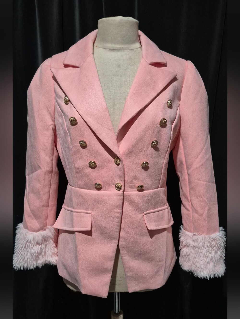 Double-Breasted Pink Faux-Fur Cuff Blazer